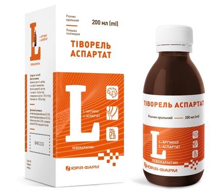 ТІВОРЕЛЬ АСПАРТАТ розчин оральний по 200 мл у коричневій пляшці полімерній з кришкою з контролем першого відкриття, по 1 пляшці з мірним стаканчиком у коробці